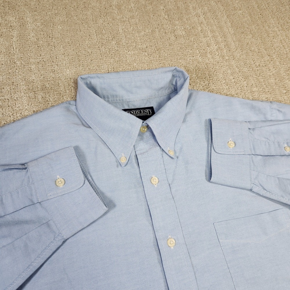 Vintage Lands End Shirt Men 16.5 32 (L) Blue Oxford Cloth Button Down OCBD EUC